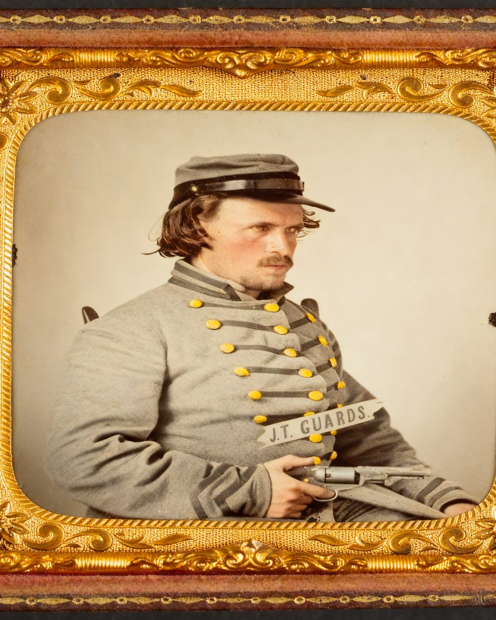 The same tintype in full colour, the uniform grey-blue and the brass buttons gold.